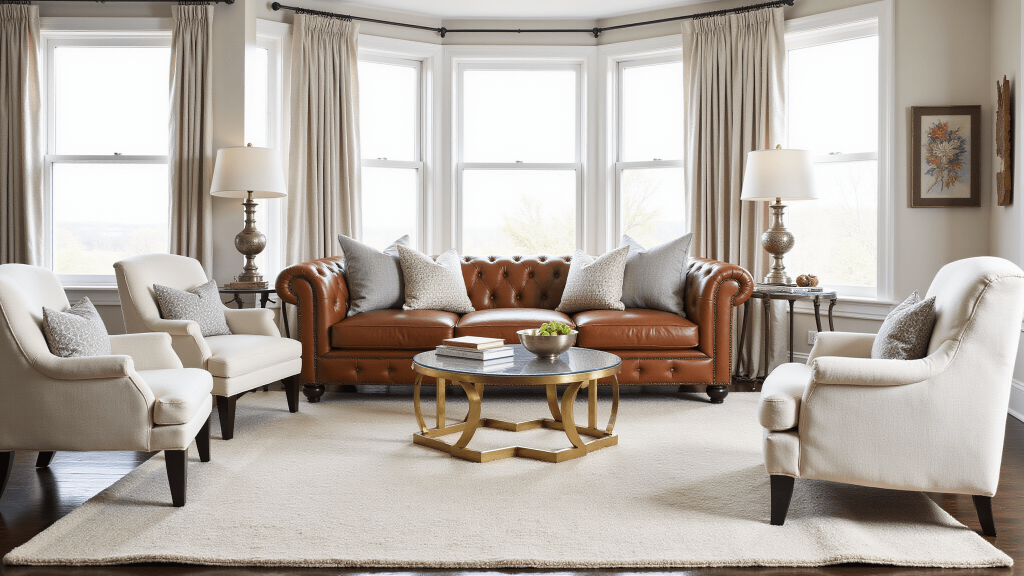 "Sunlit transitional living room with cognac leather sofa, cream armchairs and ivory wool rug, with brass and silver accents and large bay windows."