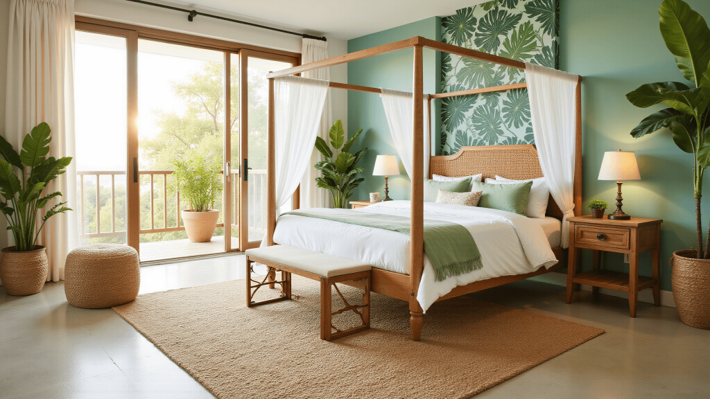 "Tropical bedroom interior with seafoam green walls, four-poster bed, rattan furniture, monstera plants and golden hour lighting"
