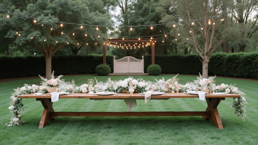 "Twilight garden party with vintage harvest table, blush florals, string lights and manicured lawn"