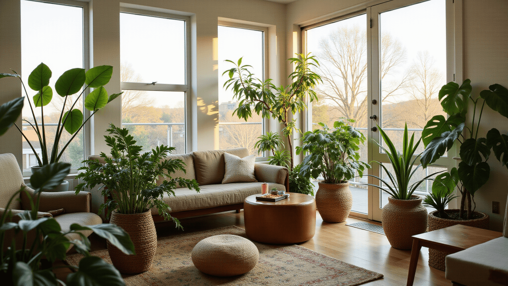 "Sunlit living room filled with lush indoor plants and mid-century modern furniture during golden hour"