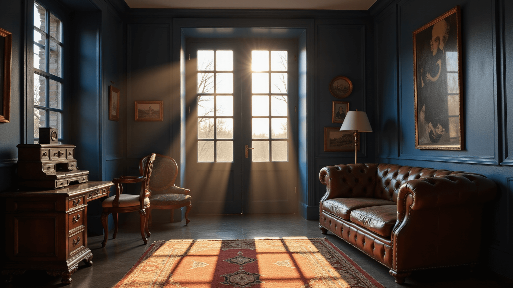 "Victorian study room with navy blue walls, antique desk, vintage decor, leather sofa and dramatic shadows from tall windows during golden hour."