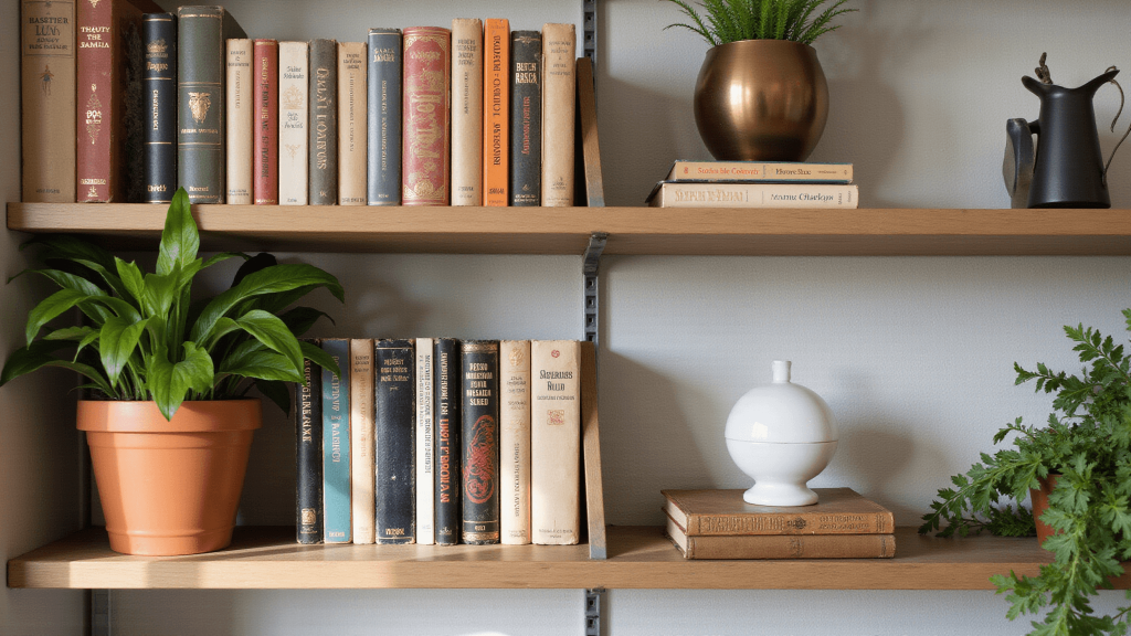 "Curated bookshelf filled with vintage hardcover books, brass accessories, plants and warm lighting casting natural shadows"