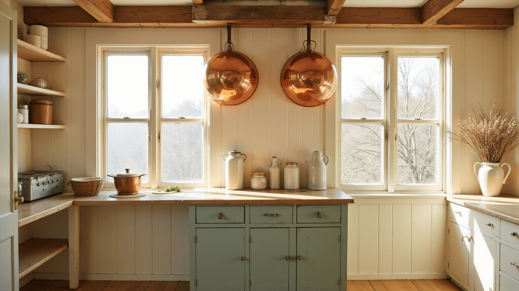 "Vintage farmhouse kitchen with copper pots, milk glass canisters, and morning sunlight"