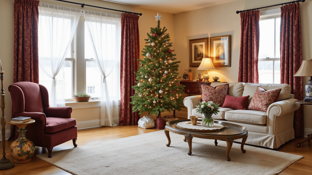 "Vintage Christmas living room bathed in soft golden light with a pine tree decorated with antique ornaments, burgundy velvet chair, lace curtains, mercury glass and ceramic Santas adding a nostalgic warmth."