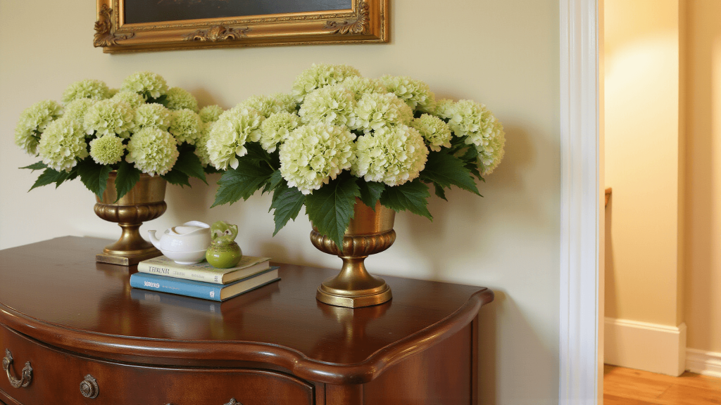 "Vintage brass vases with fresh hydrangeas on an antique mahogany console during golden hour"