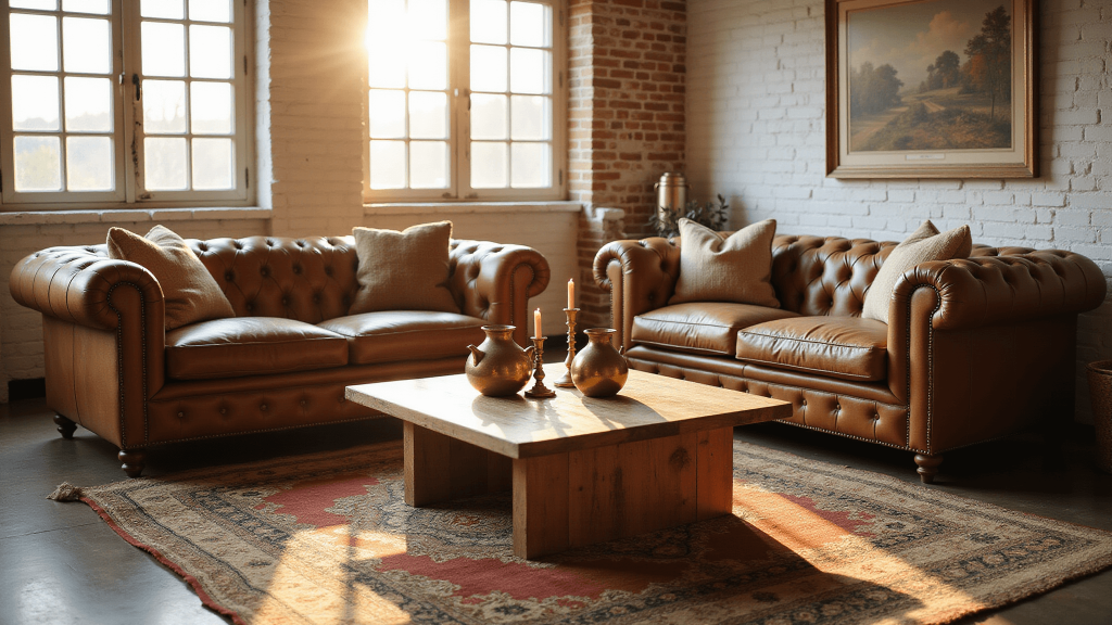 "Sunlit vintage modern farmhouse living room with distressed leather sofa, white brick walls, Persian rug, reclaimed wood coffee table and brass accents"