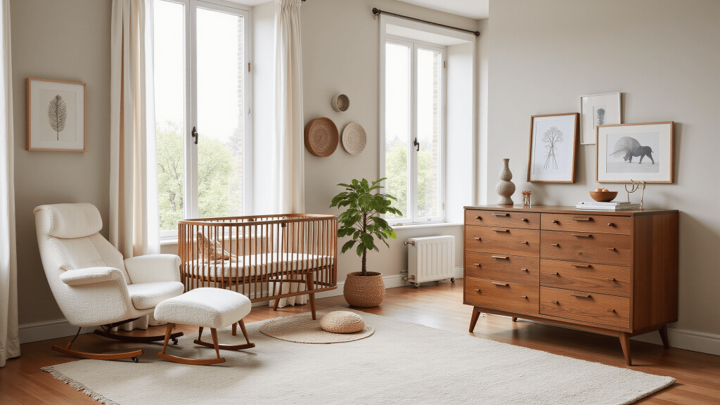 "Vintage modern nursery with walnut crib, cream boucle glider, teak dresser against soft greige walls bathed in morning light"