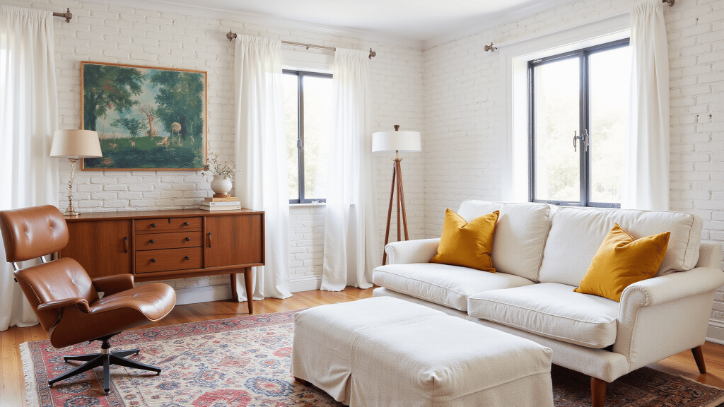 "Sunlit vintage modern living room with a cognac leather Eames chair, whitewashed brick, Danish teak sideboard, Persian rug, white linen sofa, mustard pillows, creating a warm golden hour ambiance."