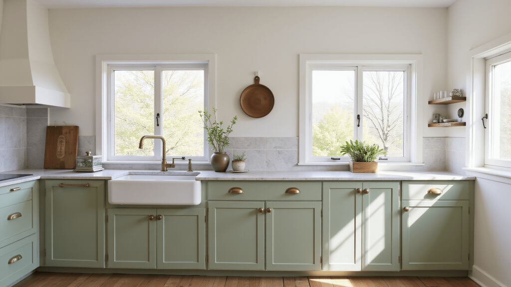 "Sunlit modern kitchen with sage green cabinets, marble island, brass hardware, and vintage decor in morning light"