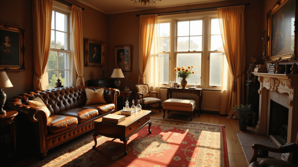 "Sunlit Victorian living room with brown leather sofa, Persian rug, bay windows, and antique decor during golden hour"