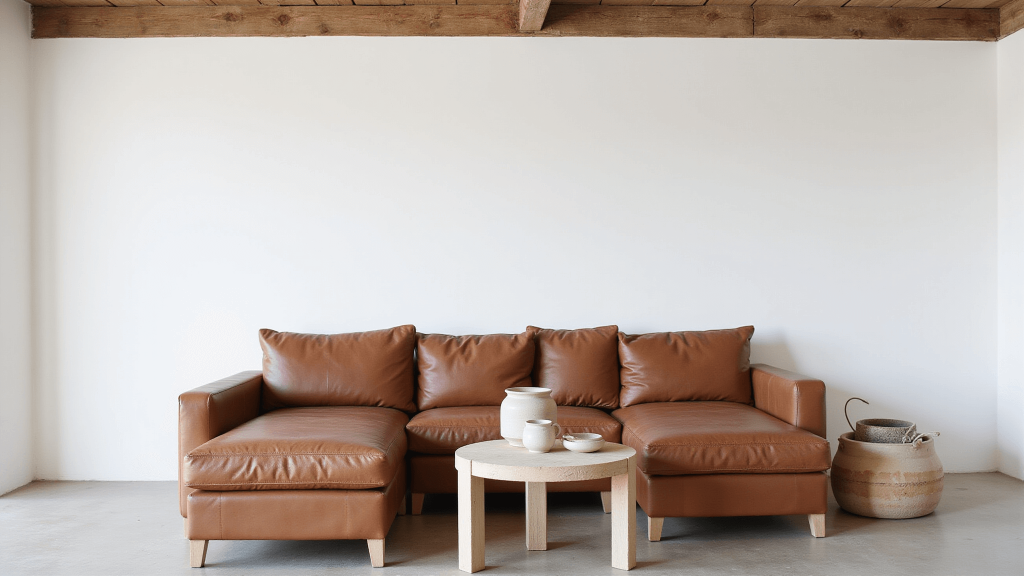 "Rustic living room with worn leather sofa, handmade ceramics, natural wood beams and soft morning light in muted earth tones, minimal styling on a white background."