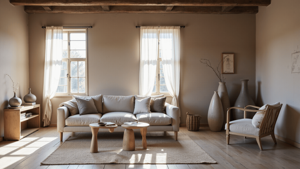 "Sunlit wabi-sabi style living room with weathered wooden beams, handmade ceramics, and natural linen textures."
