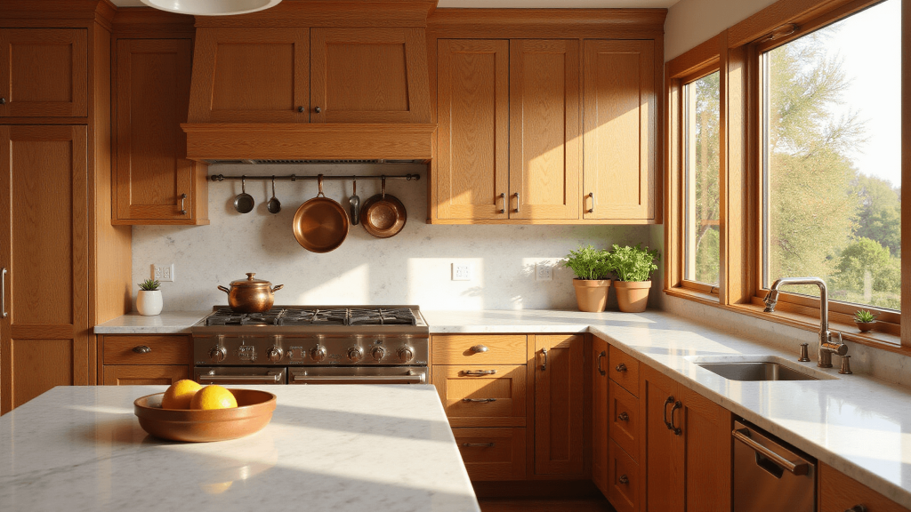 "Sunny kitchen with stained honey oak cabinets, marble countertops, copper cookware, and golden hour lighting"