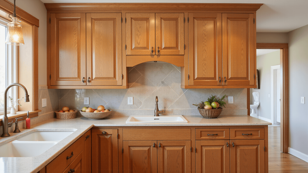 "Traditional red oak kitchen with shaker-style cabinets, copper accents, marble countertops under warm golden hour lighting"