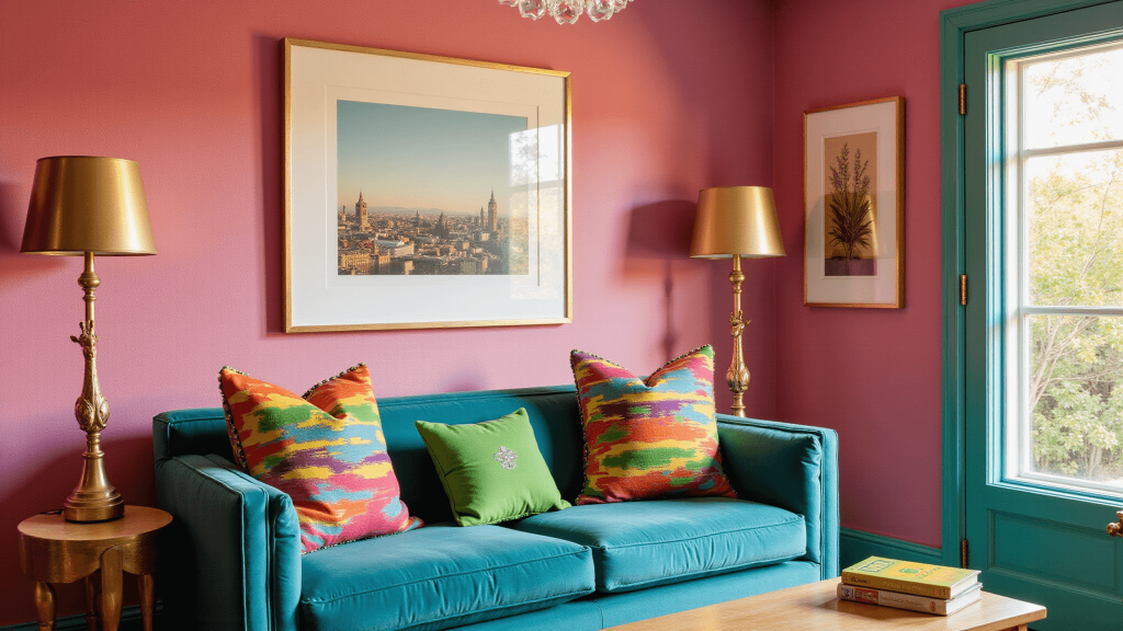 "A whimsical living room with pink and emerald walls, a teal velvet sofa with rainbow pillows, brass giraffe lamps, and crystal prisms in golden hour sunlight"