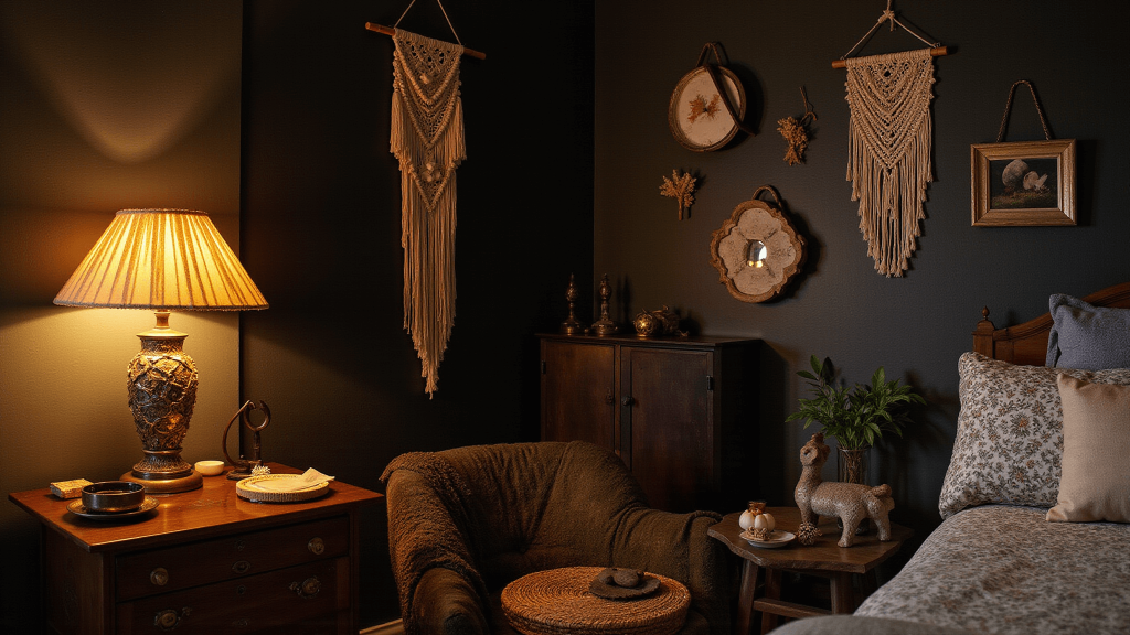 "Cozy boho witchy bedroom nook with a vintage armchair, crystal display, dried herbs, macrame wall hanging, basked in a warm golden light on a dark, moody background."
