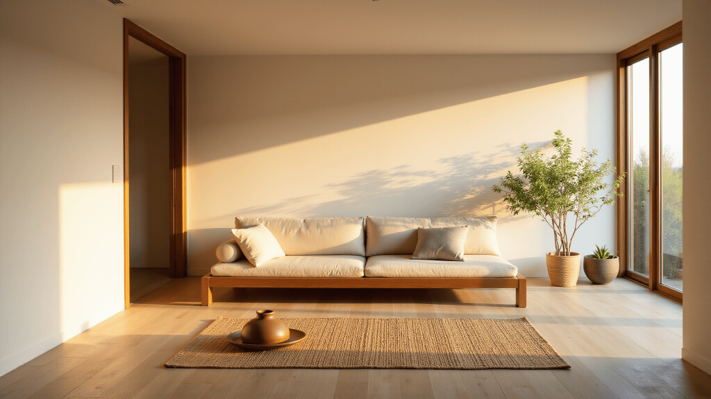 "Zen minimalist living room with teak furniture, beige tones, bamboo plants and ceramic vessels, bathed in golden hour light"