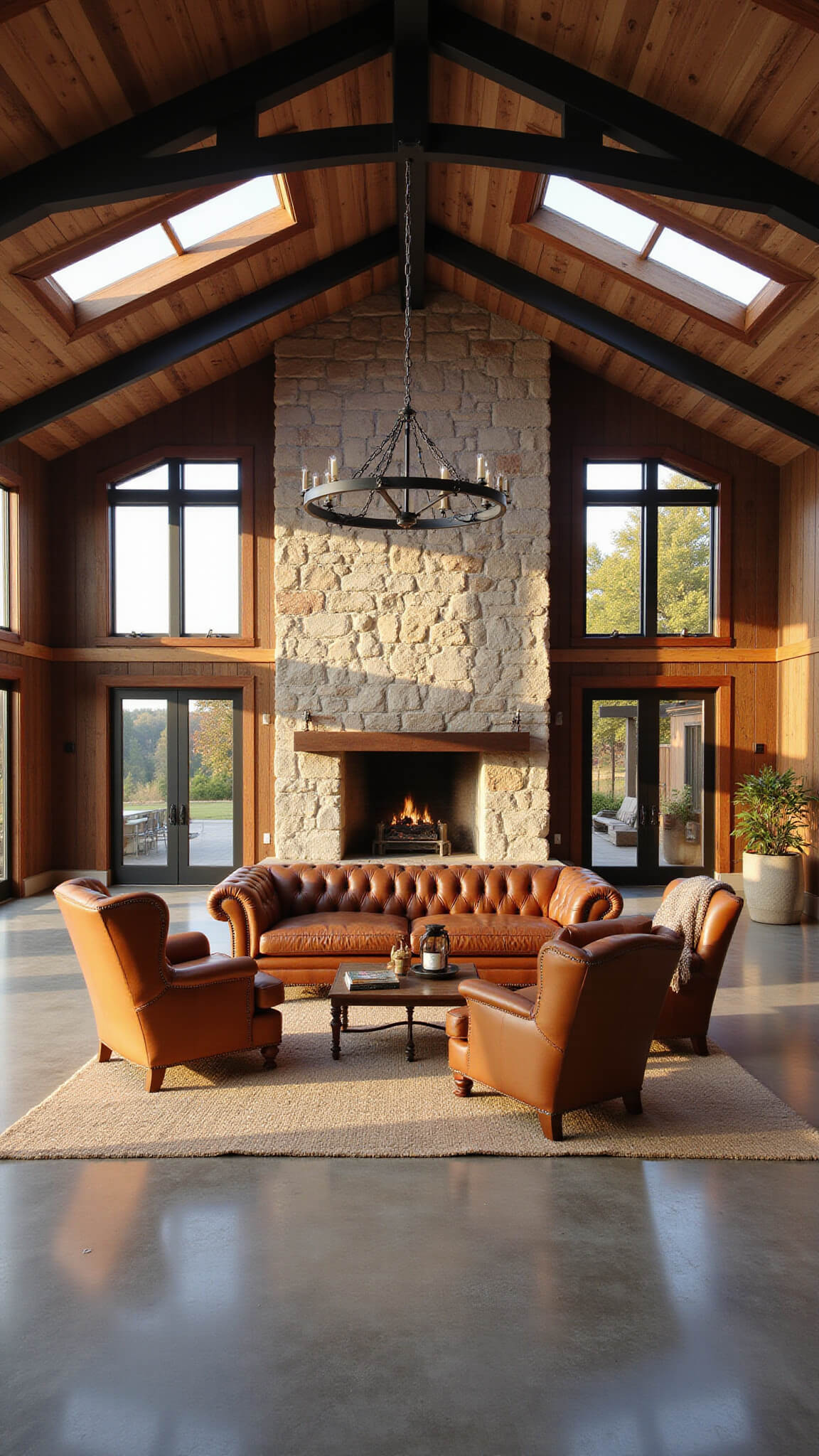 Barndominium living room at golden hour with sunlight streaming through tall clerestory windows, illuminating polished concrete floors, a stone fireplace, and rustic-modern furnishings including a leather Chesterfield sofa and exposed steel beams.
