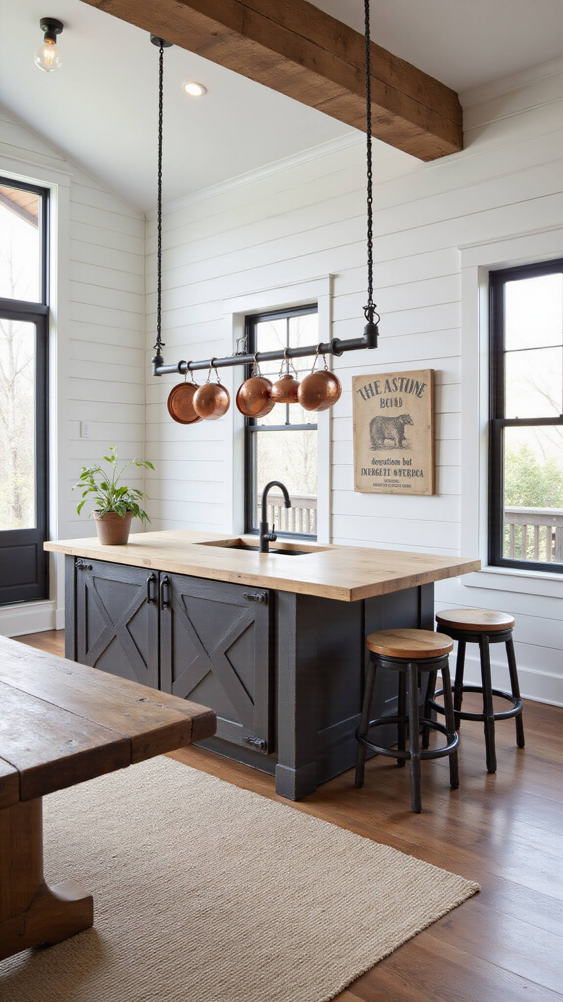 Open-concept farmhouse kitchen and dining area with white shiplap walls, black steel windows, butcher block island, copper pot rack, vintage art, and rustic dining table under Edison lights.