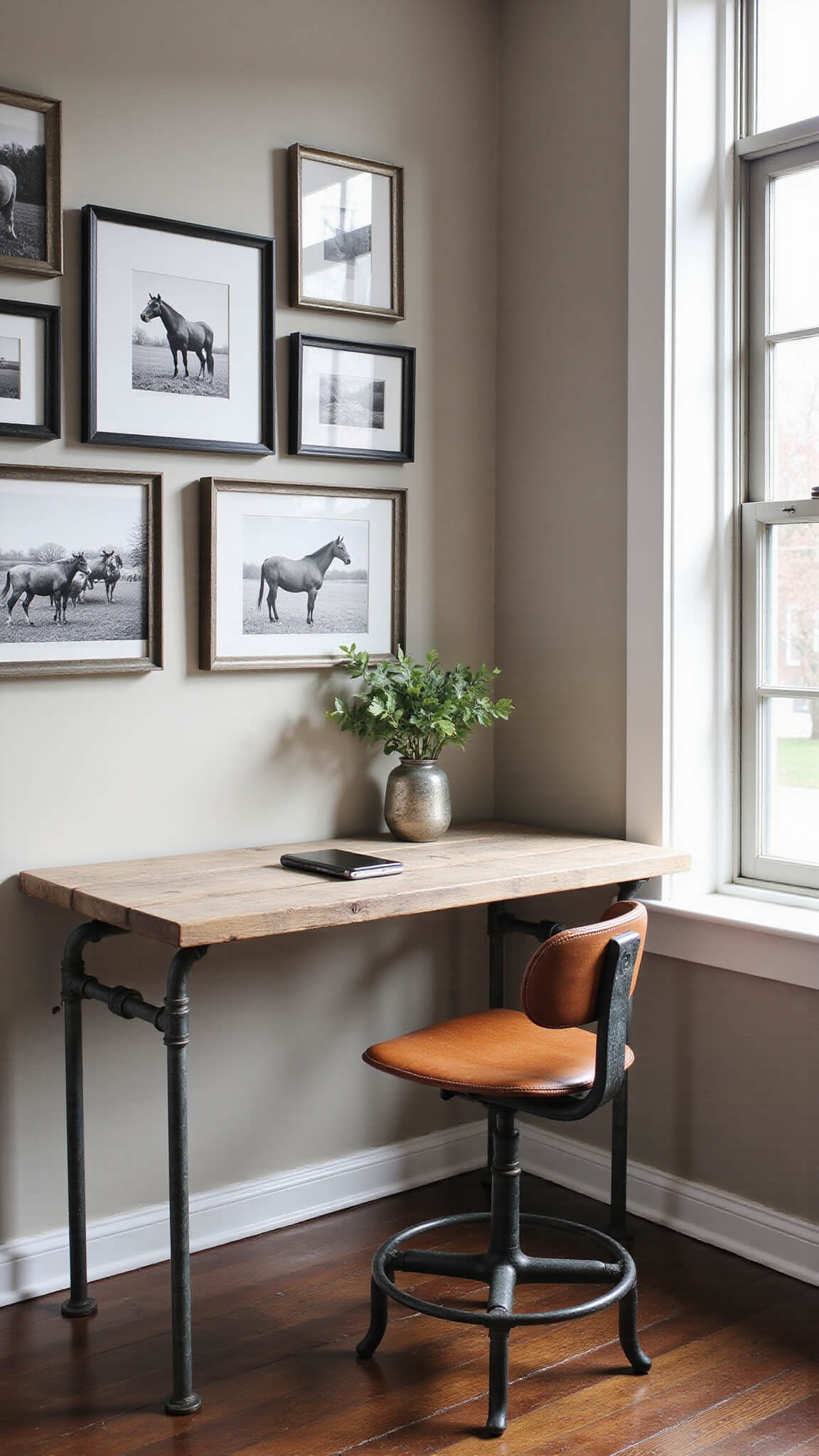 Cozy industrial-farmhouse home office with reclaimed wood desk, pipe shelving, and vintage stool, lit by morning light through steel-framed windows.