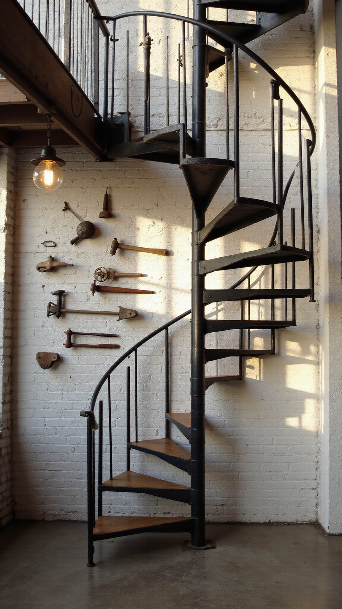 Spiral steel staircase against whitewashed brick wall with vintage farm tools art and pendant lights casting dramatic shadows, viewed from below.