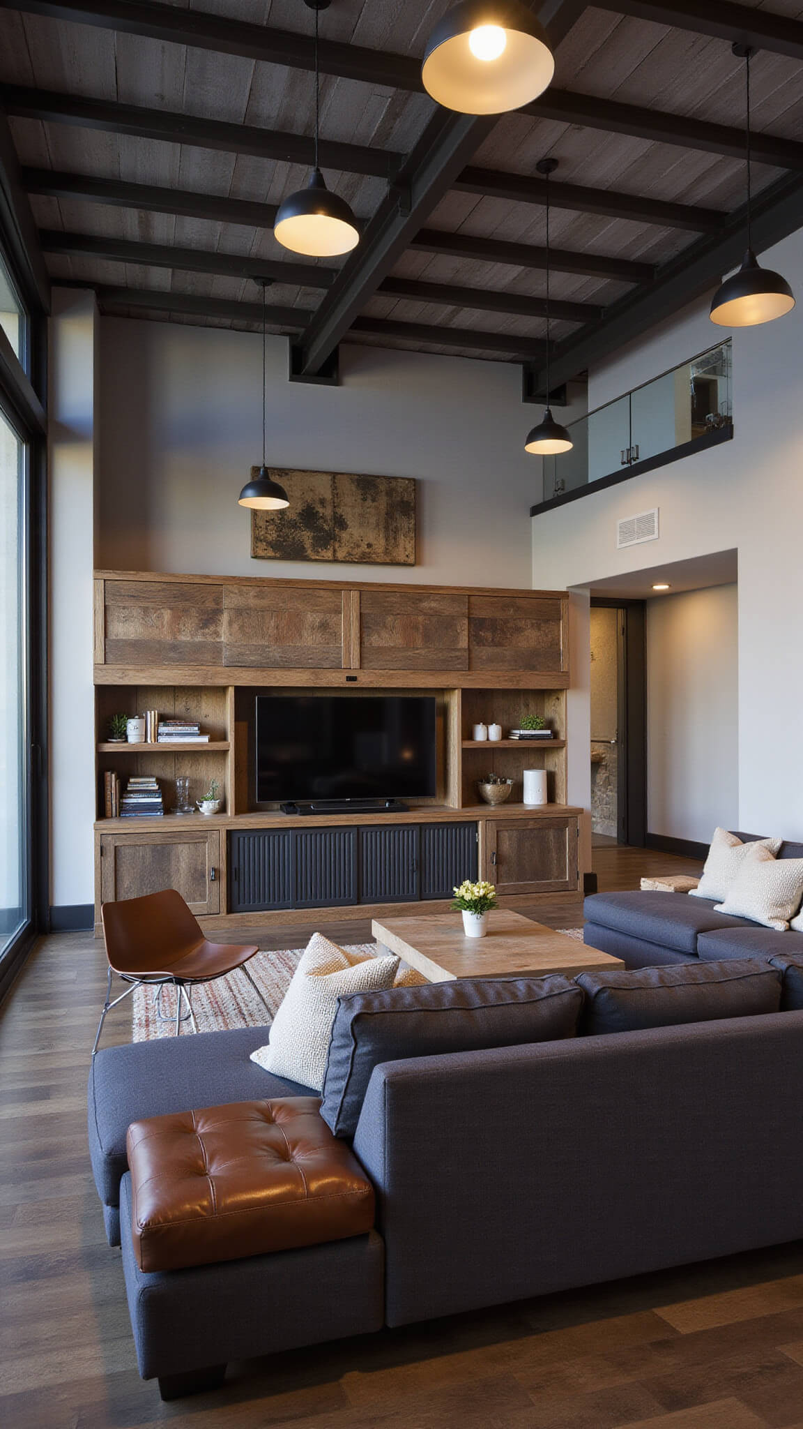 Entertainment loft with exposed steel trusses, pendant lighting, and a custom reclaimed wood media cabinet; charcoal linen sectional with leather accents and vintage grain sack pillows, creating a casual luxury barn aesthetic at dusk.