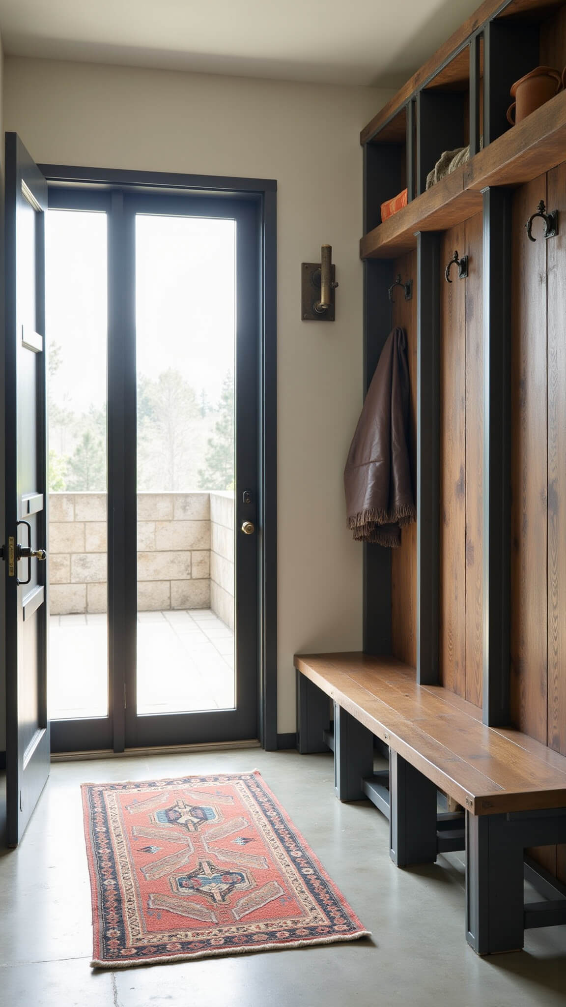 Mud room with steel-framed glass door, reclaimed wood benches, raw steel lockers, concrete floor, vintage kilim runner, and aged brass industrial sconces, lit by morning light.
