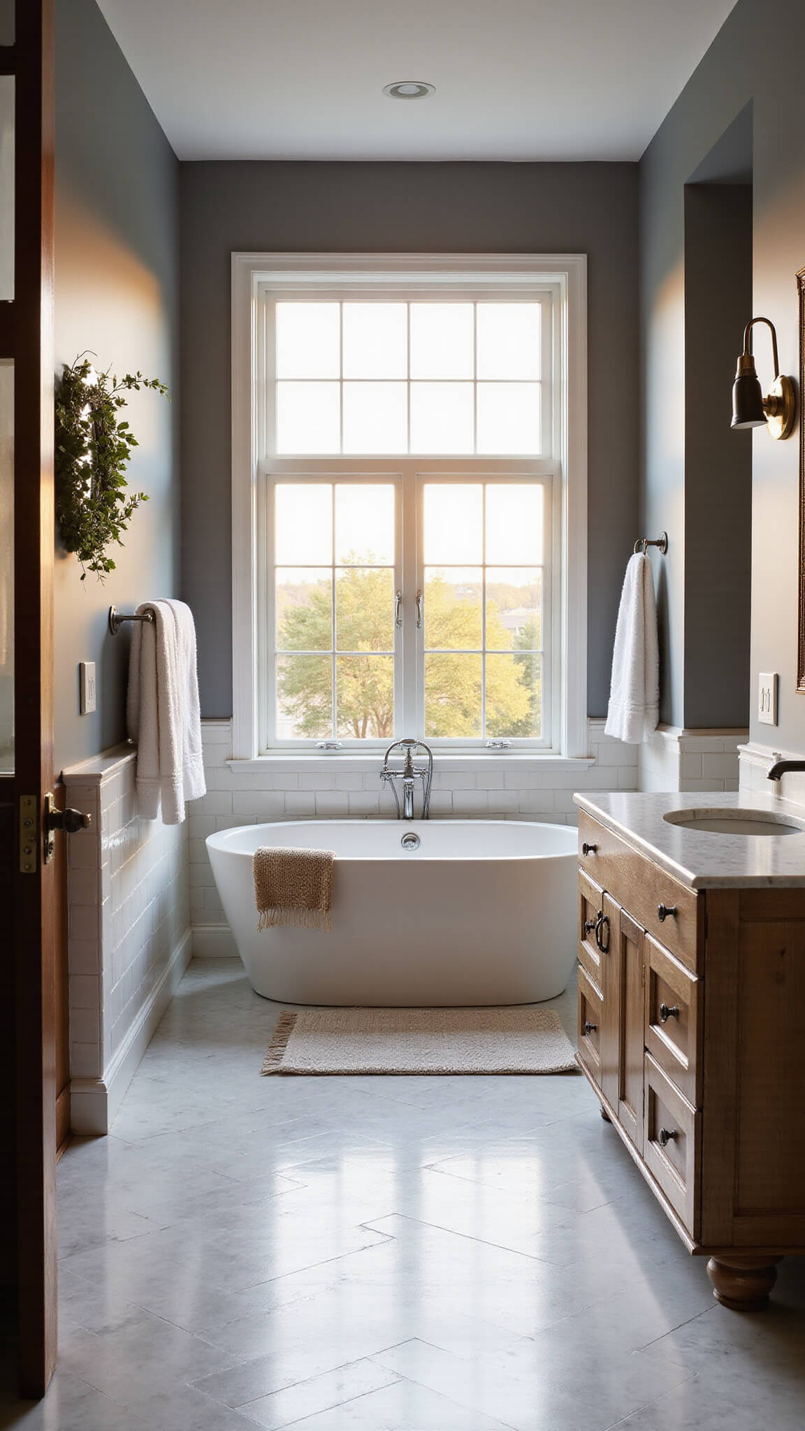 Spacious transitional bathroom with white oval tub under large window, herringbone marble floors, weathered oak double vanity, and warm golden hour lighting.