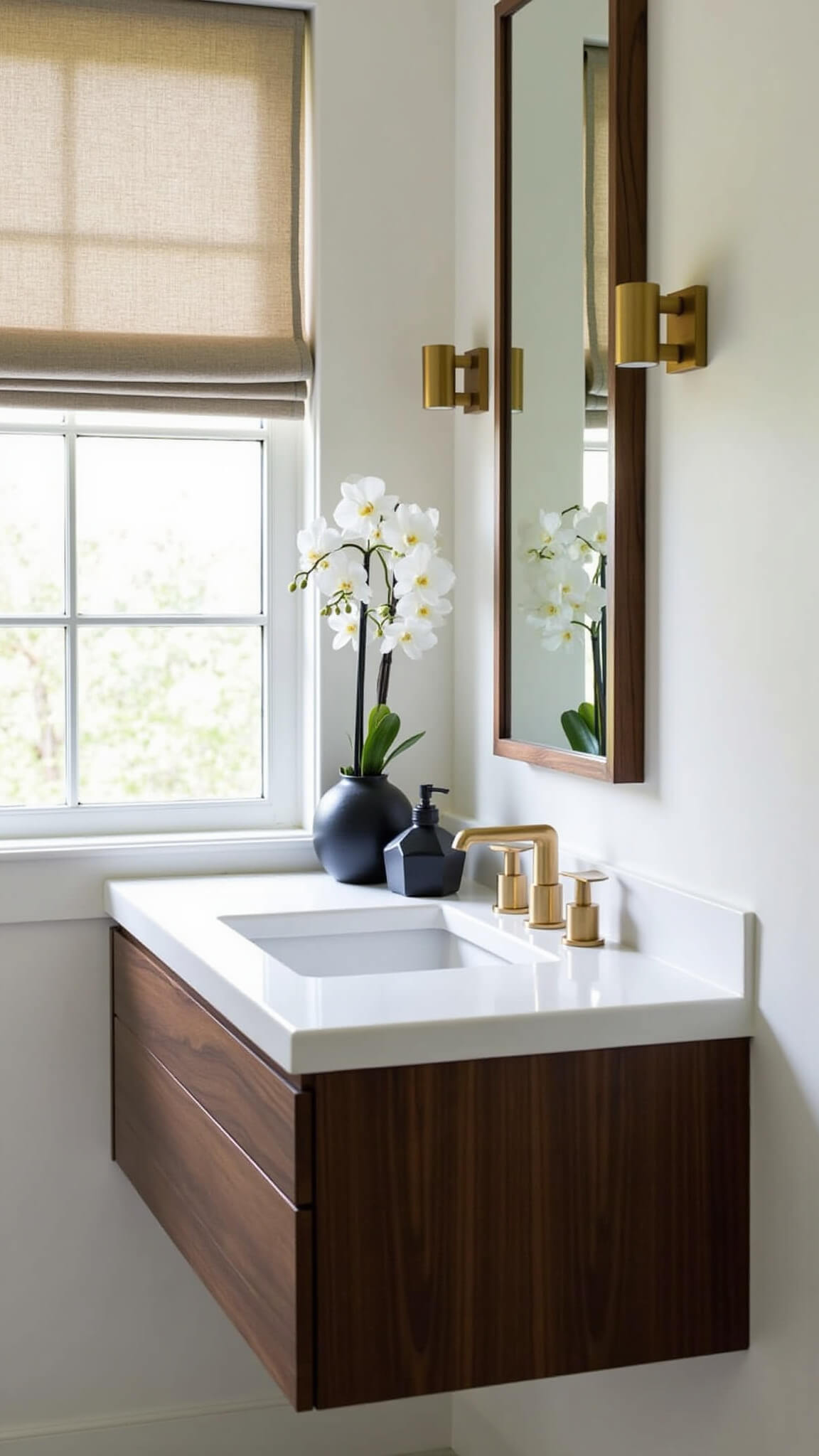Luxury transitional bathroom vanity with deep walnut floating cabinet, white quartz countertop, and soft morning light filtering through sheer blinds.