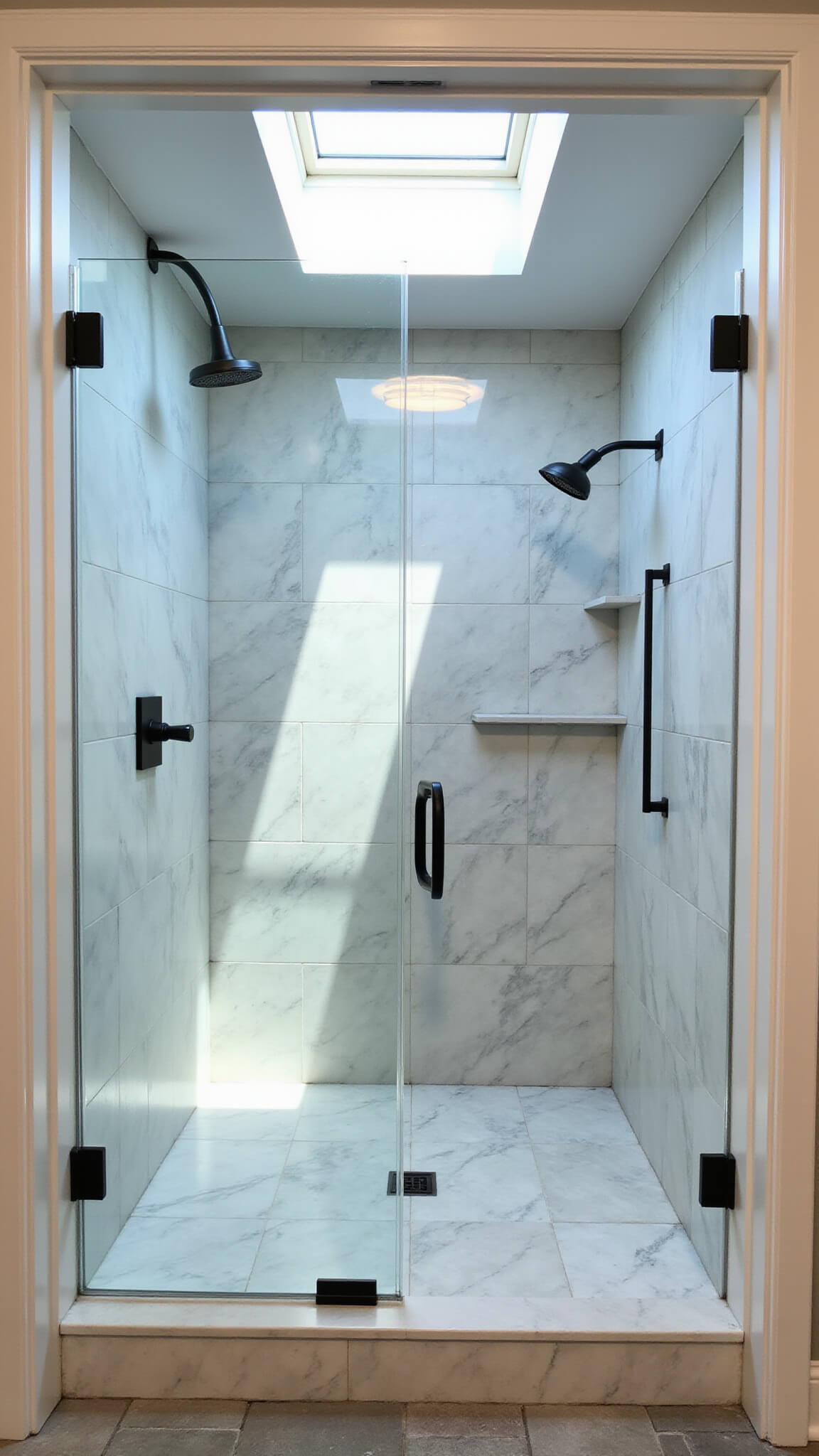 Wide-angle view of a modern transitional bathroom shower with floor-to-ceiling frameless glass, marble-look porcelain tiles, brushed nickel waterfall showerhead, mixed metal fixtures, and limestone flooring under skylight light.