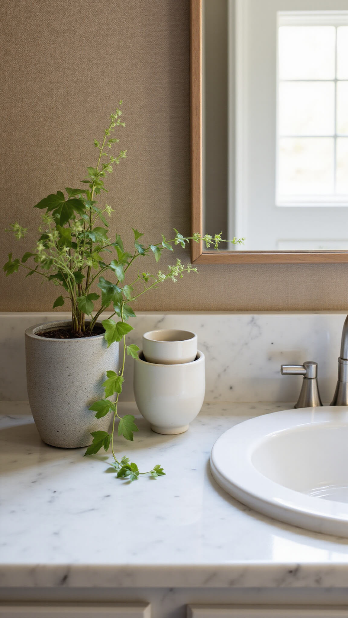 Textural vignette of a transitional bathroom with marble countertop, artisanal vessels, trailing ivy in concrete planter, and warm greige grasscloth wallpaper, lit by afternoon and soft fill light.