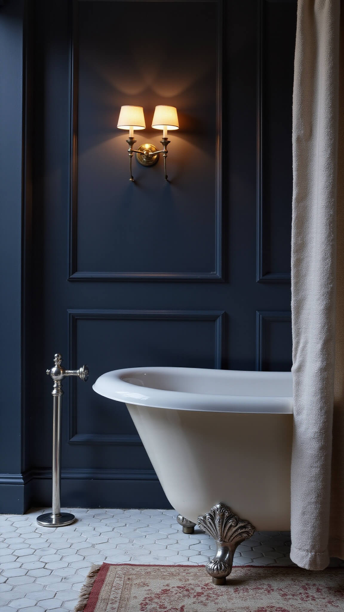 Dramatic bathroom at dusk with clawfoot tub, navy shiplap walls, warm sconces, marble hex tiles, and vintage rug.