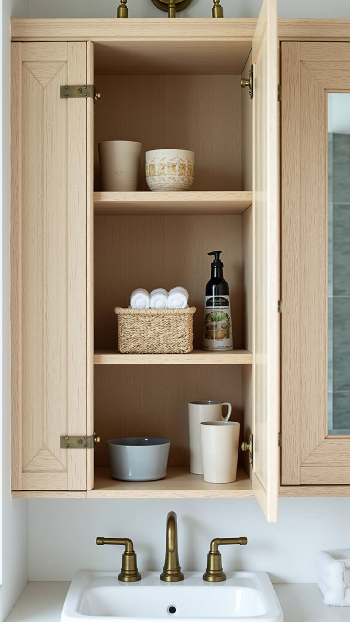 Modern bathroom with oak medicine cabinet, aged brass sconces, apothecary bottles, woven baskets, and ceramic decor in soft morning light.