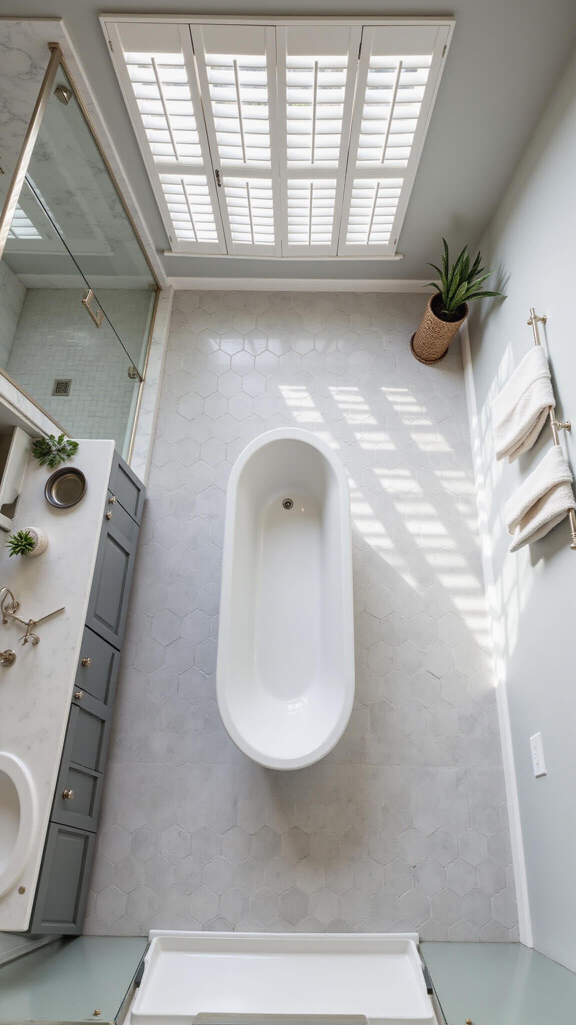 Overhead view of transitional bathroom with freestanding tub on hexagonal tile center, dove gray vanity, glass shower, and sunlight casting shadows through plantation shutters.
