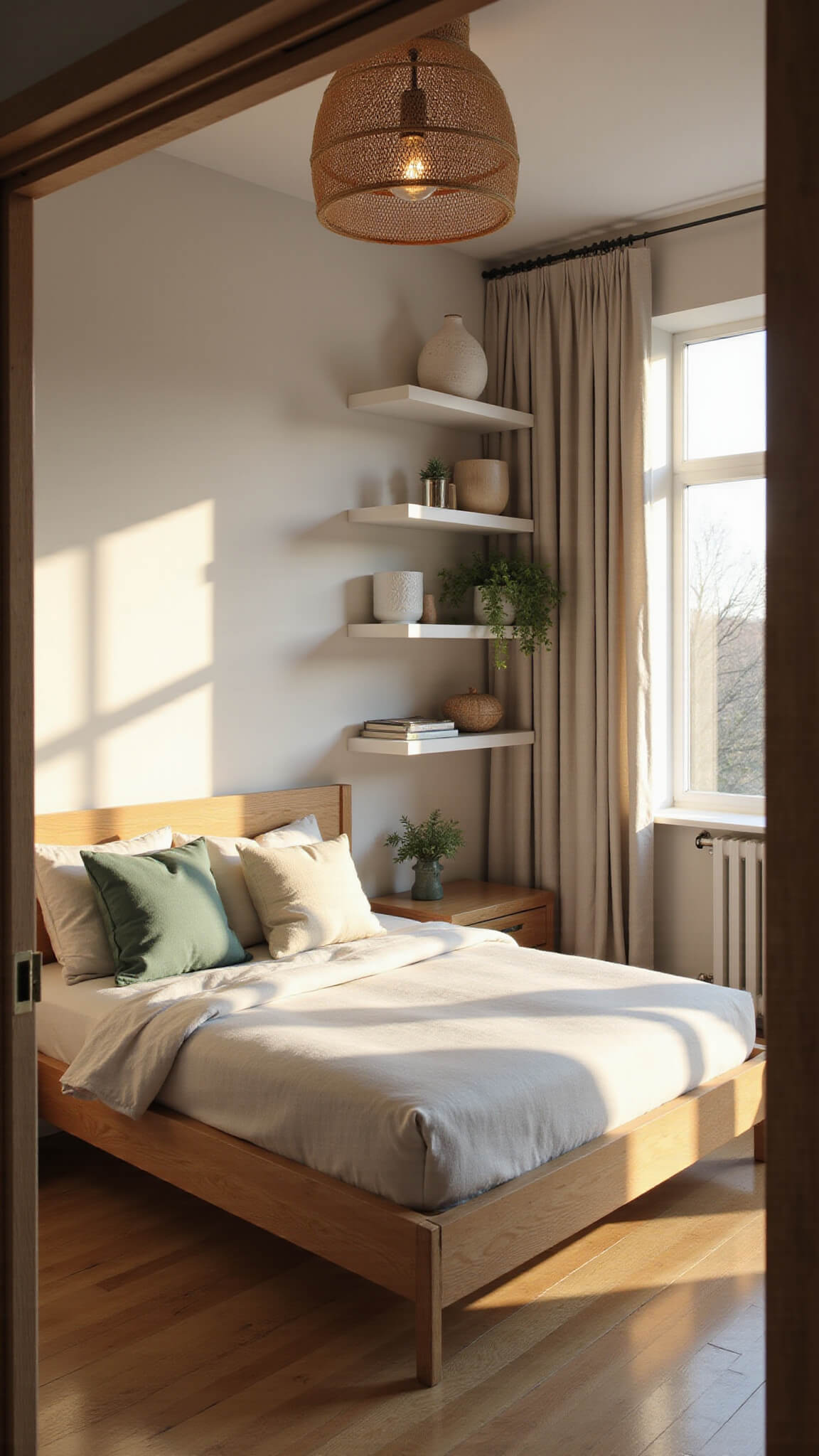 Minimalist 10x12ft bedroom with low oak platform bed, white linens, sage accents, floating shelves, and golden hour sunlight streaming through tall window.