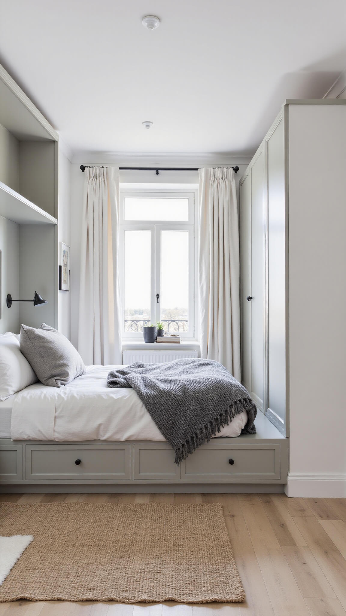 Scandinavian-style small bedroom with gray murphy bed, built-in storage, light oak floor, white walls, and layered natural textures in soft neutral tones.