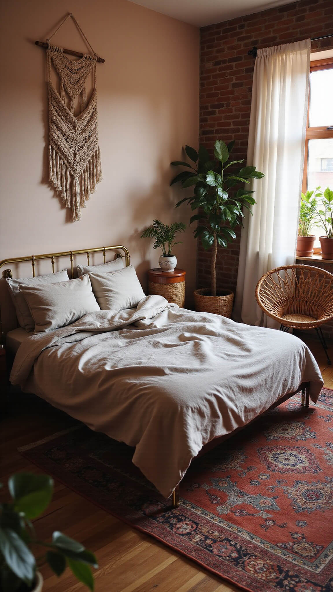 Boho-inspired cozy bedroom with vintage brass bed, macramé wall hanging, rattan chair, and warm sunset lighting.