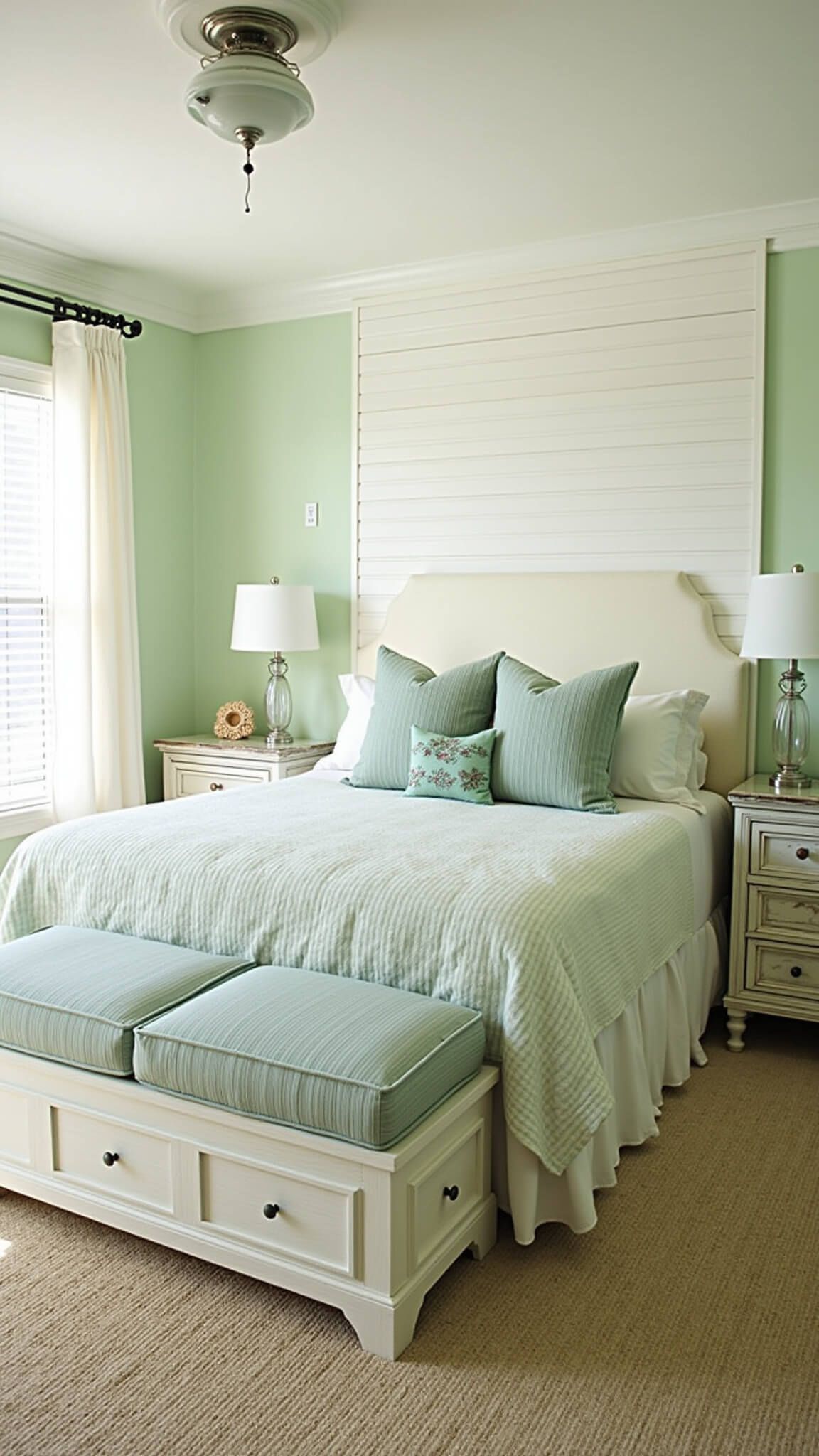 Coastal bedroom with seafoam and beige tones, shiplap accent wall, upholstered bed with storage, cotton and seagrass textures, and bright natural light through sheer curtains.
