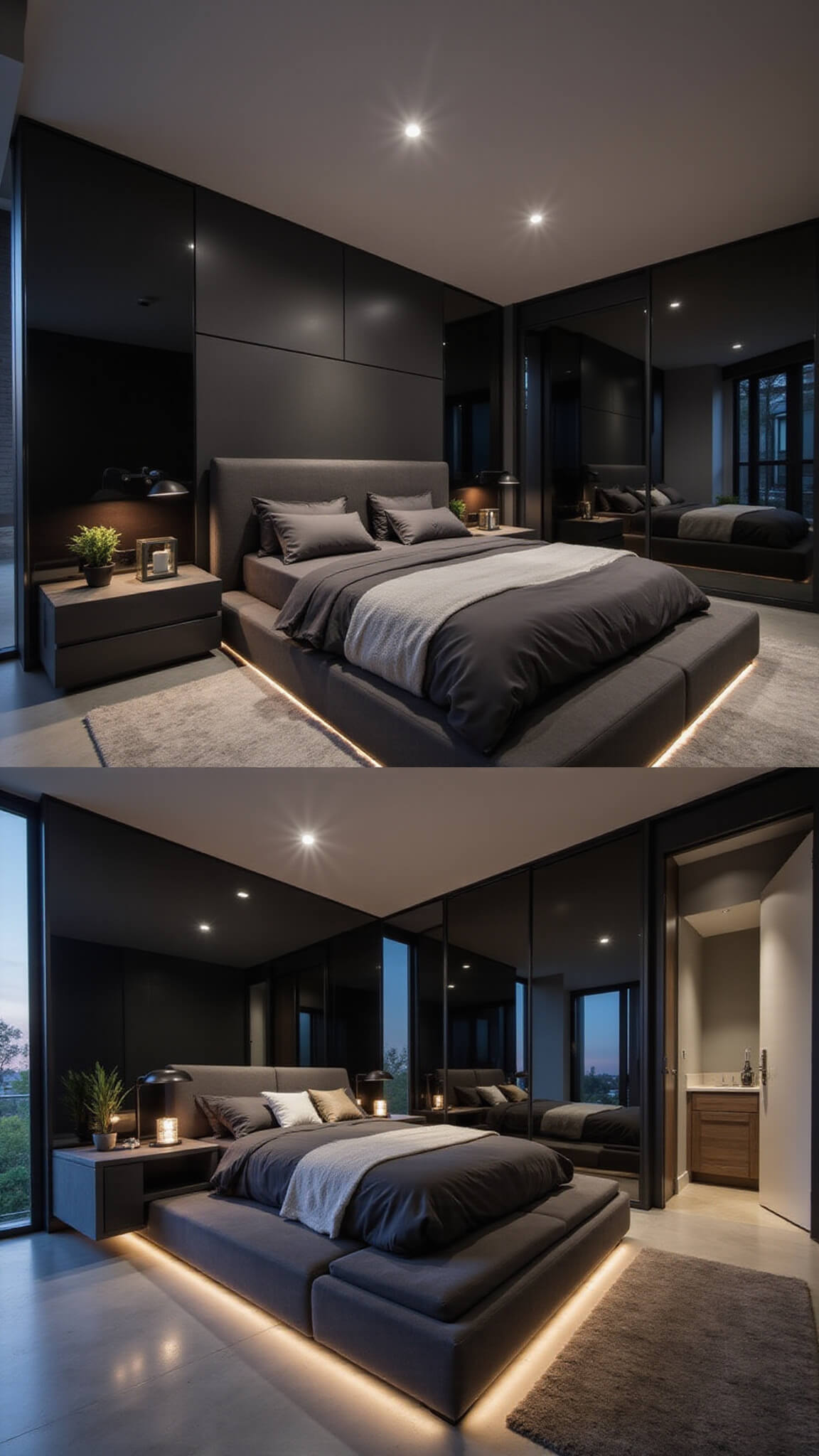 Modern 9x12ft bedroom with platform bed and LED lighting, featuring monochromatic design, concrete-look surfaces, and dramatic evening lighting.