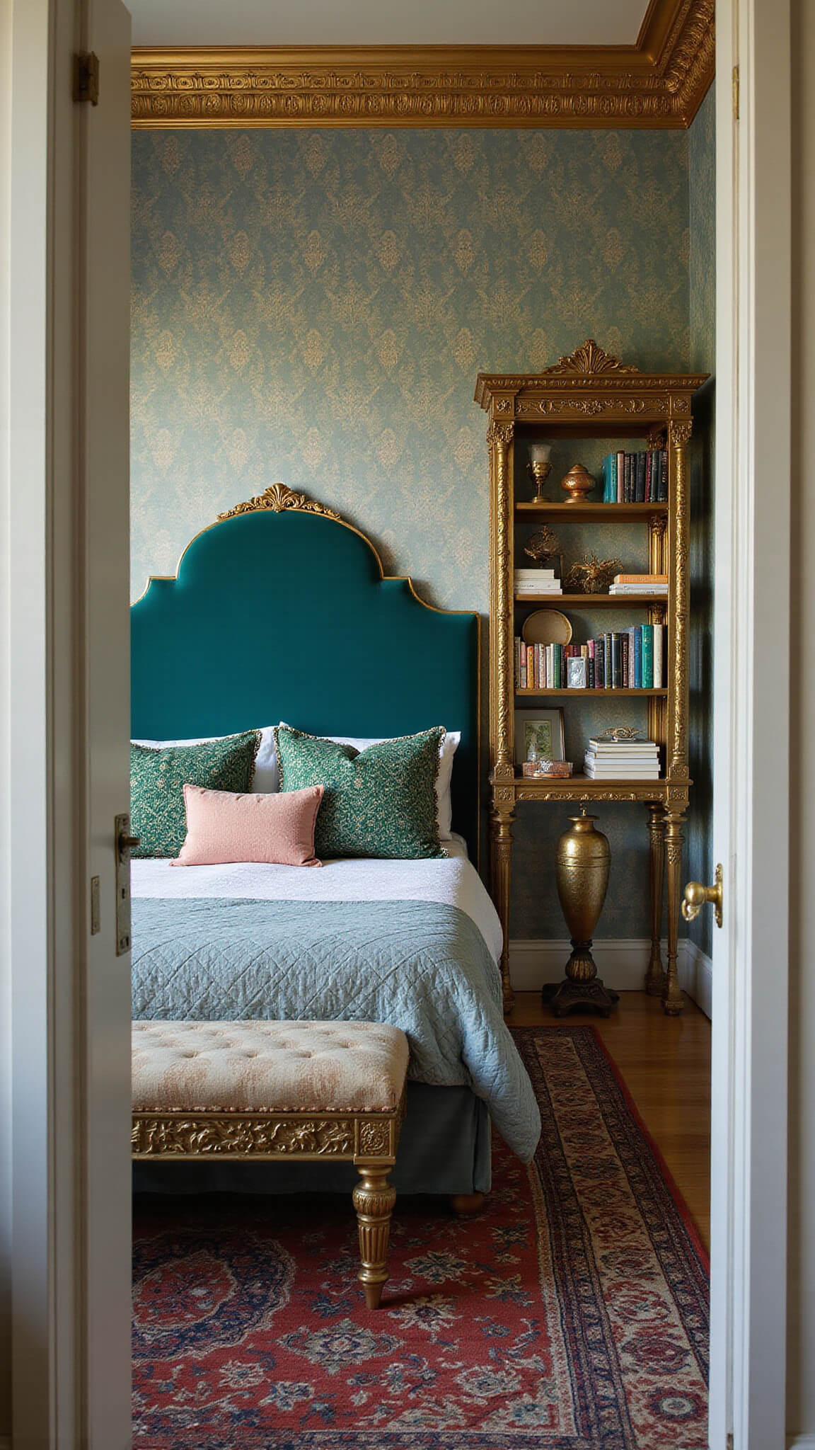 Maximalist 8x8ft bedroom with jewel-toned velvet headboard, vintage brass étagère, layered rugs, and rich emerald, sapphire, and gold accents in morning light.
