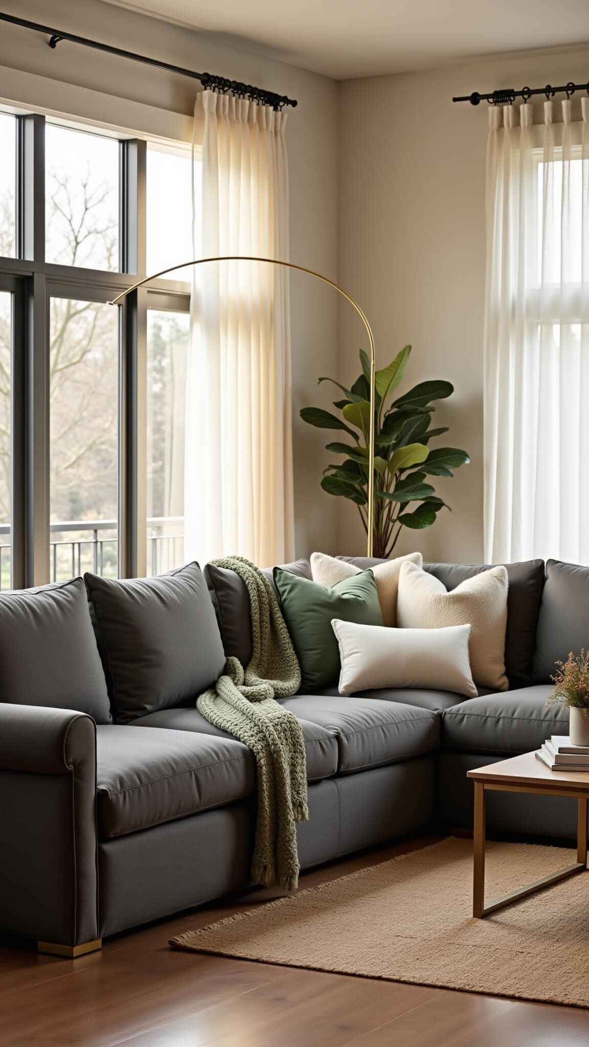 Warm, sophisticated living room with charcoal grey sectional, cream pillows, sage green throw, brass floor lamp, layered rugs, and golden hour light through sheer curtains.