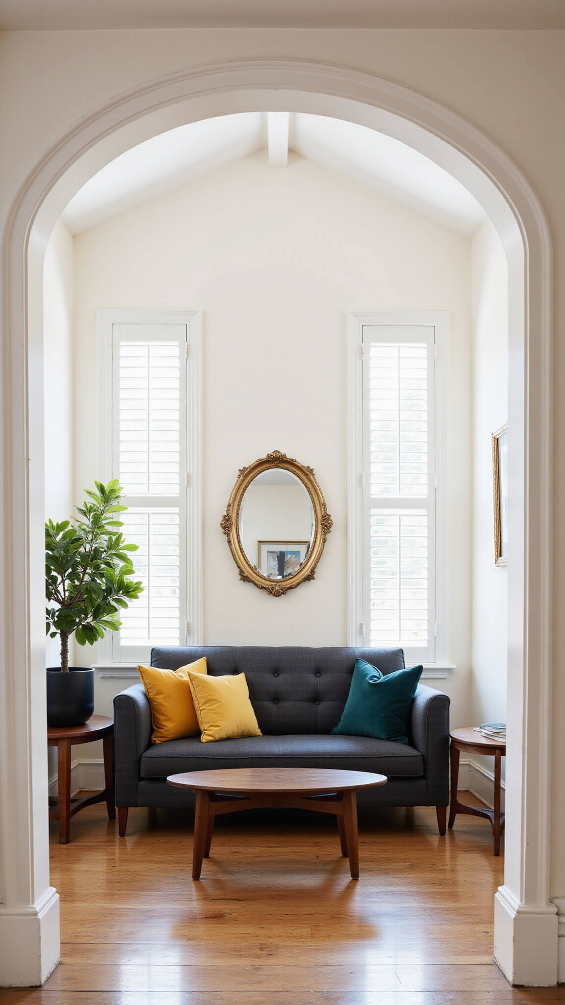 Compact modern living room with dark grey tufted sofa, gold mirror, and velvet pillows, lit by morning light through plantation shutters.