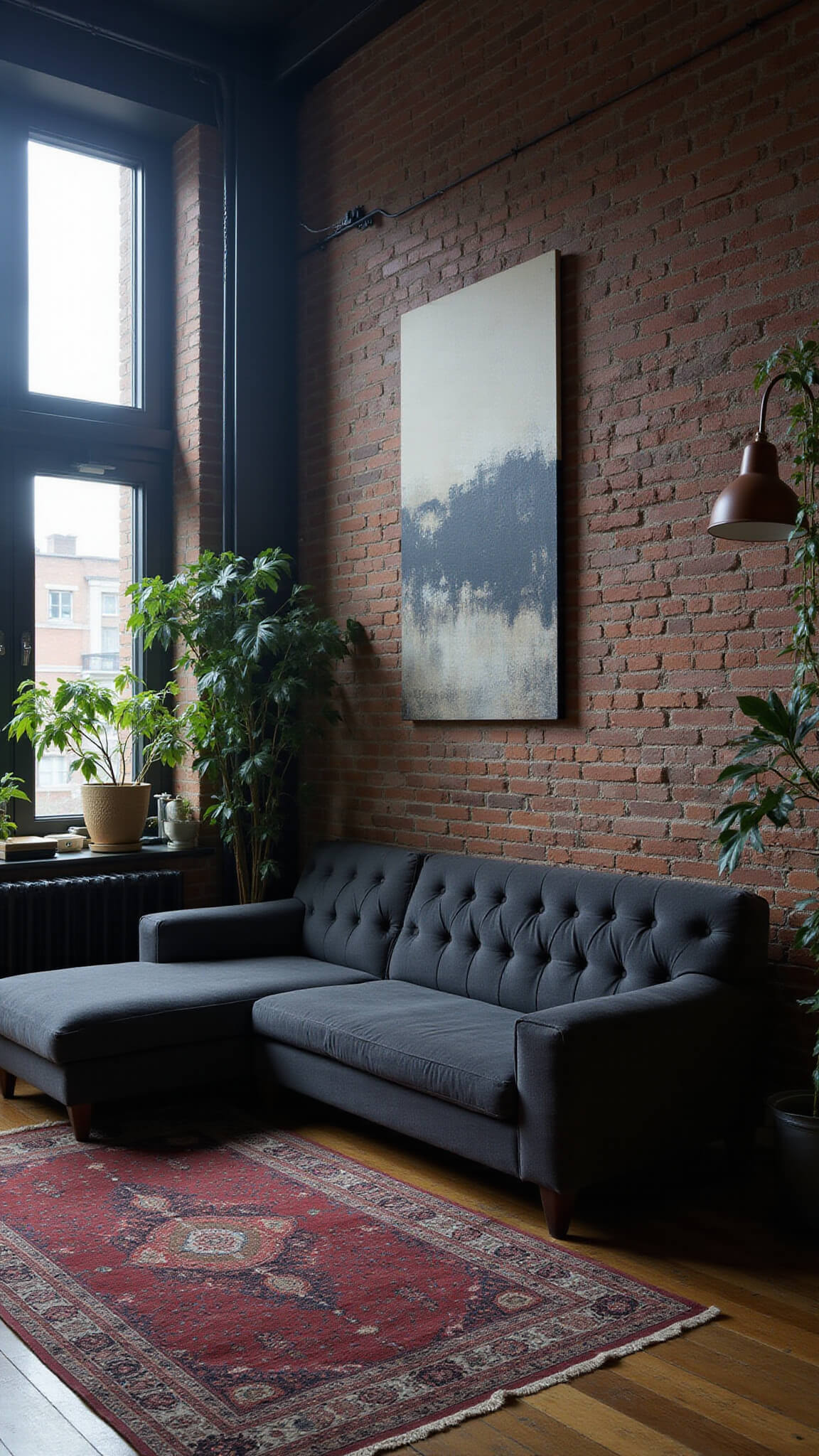 Loft-style living room with exposed brick wall, industrial windows, dark grey L-shaped bouclé sofa, leather accent chair, vintage Persian rug, oversized abstract artwork, and trailing pothos plants in moody blue hour lighting.