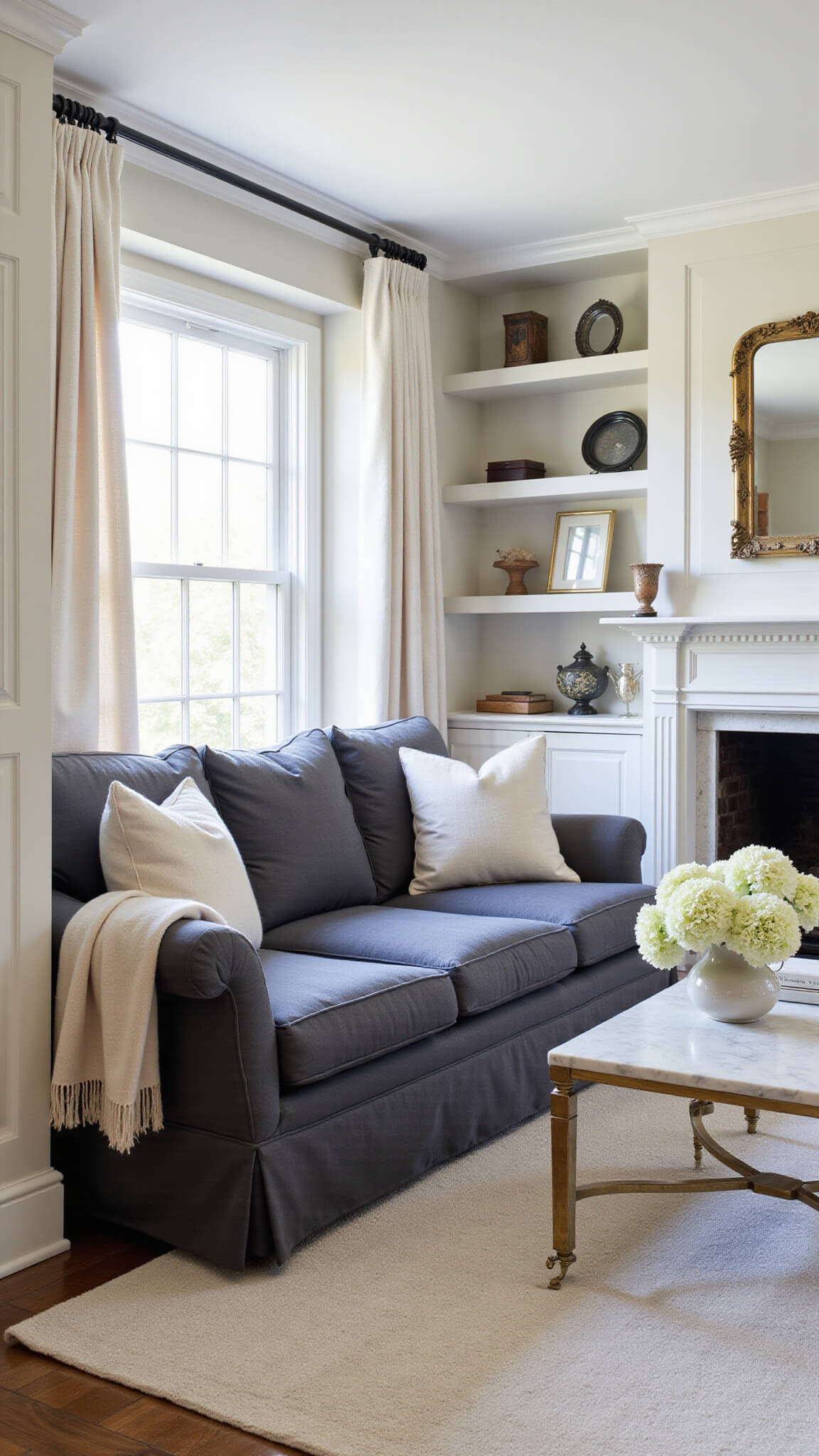 Classic 16x18ft traditional living room with crown molding, built-in shelves, charcoal grey English roll arm sofa, linen pillows, brass and marble coffee table, white hydrangeas, and antique mirrors on gallery wall.