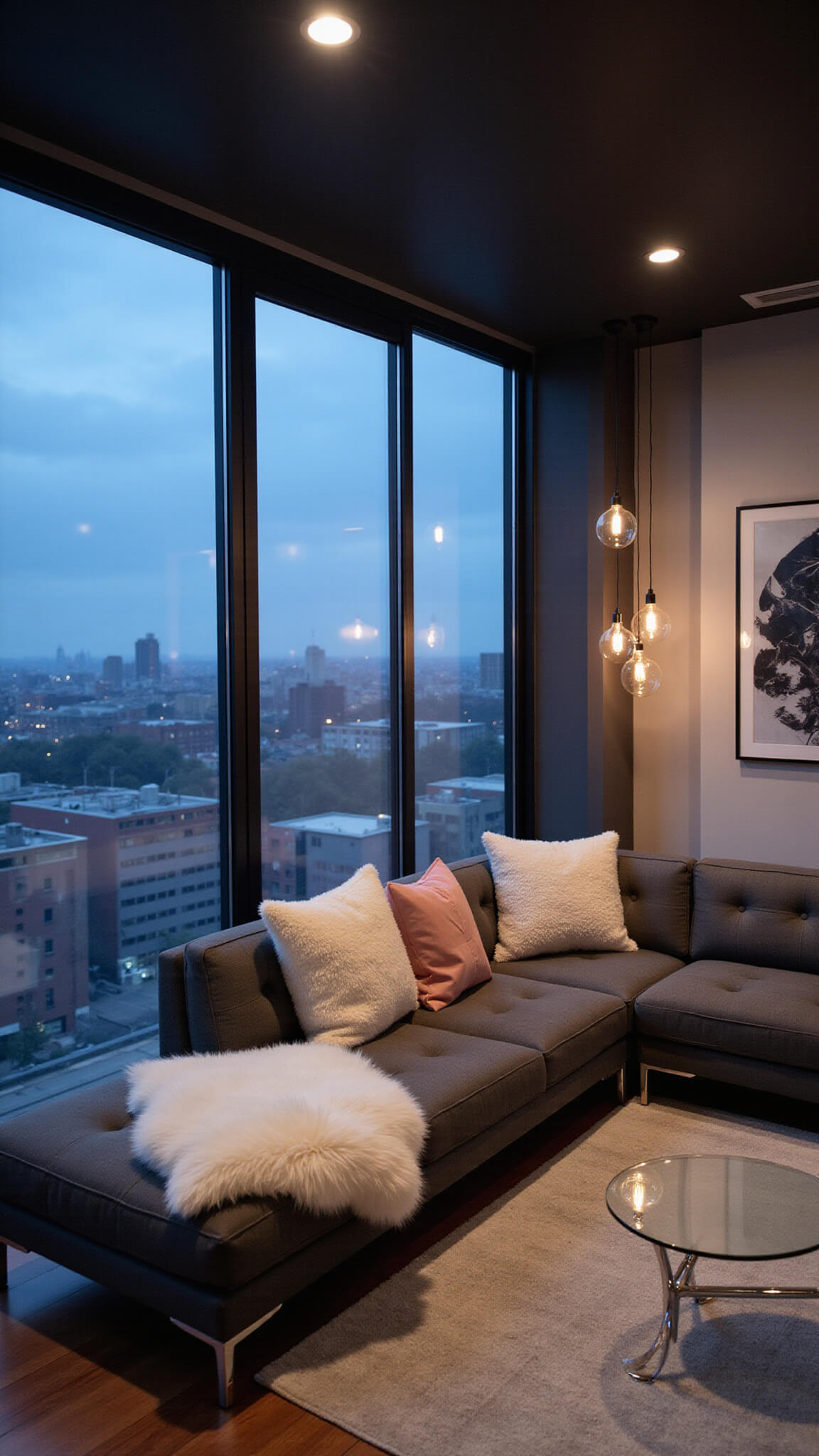 Modern 15x20ft living room with floor-to-ceiling windows at twilight, dark grey modular sofa, blush pink accents, glass pendant lighting, and black and white photography wall.