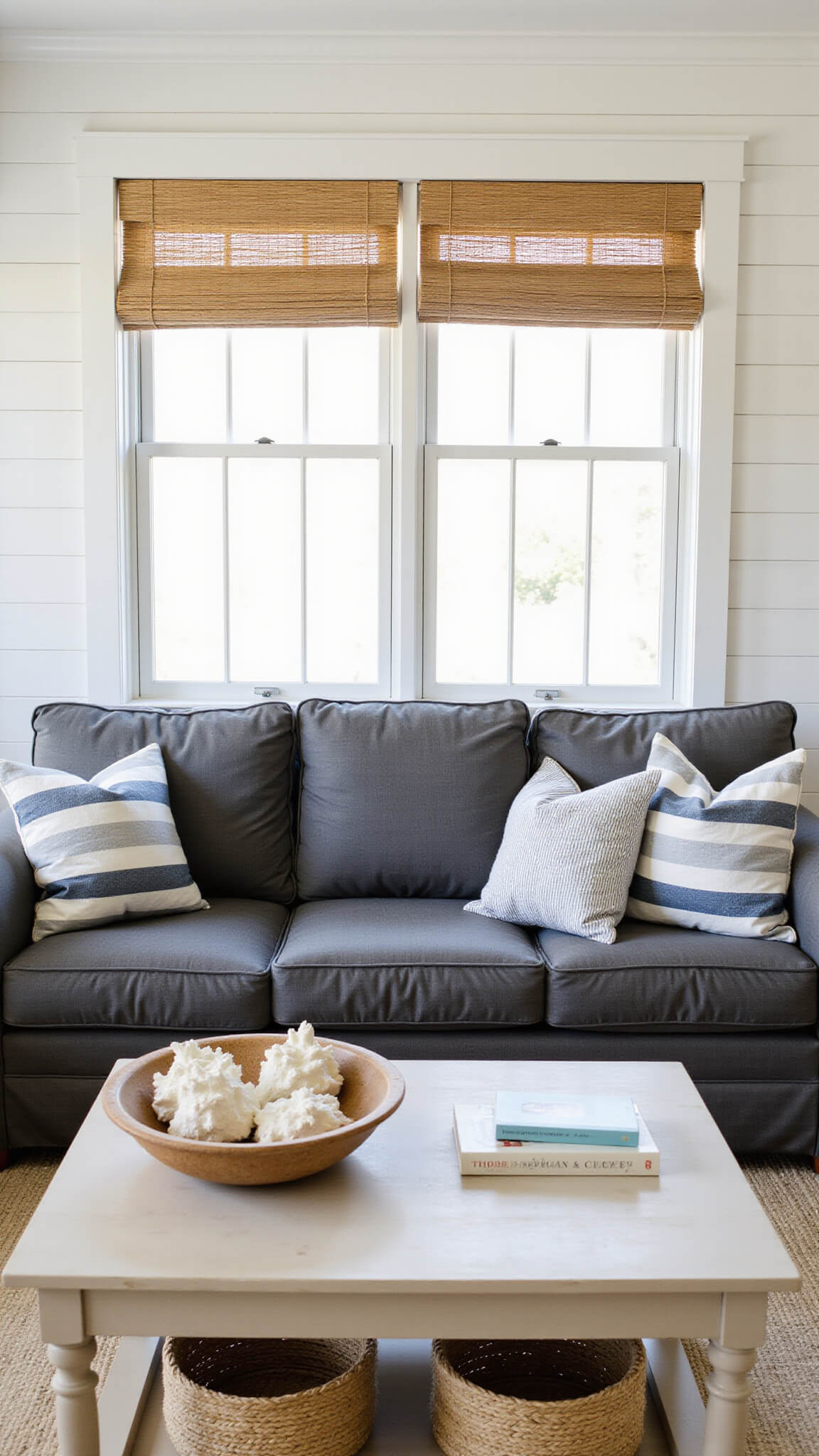 Coastal-style 14x16ft room with shiplap wall, charcoal grey slipcovered sofa, striped navy and white pillows, pale wood coffee table with coral and books, seagrass baskets, and cotton rope decor in natural late morning light.