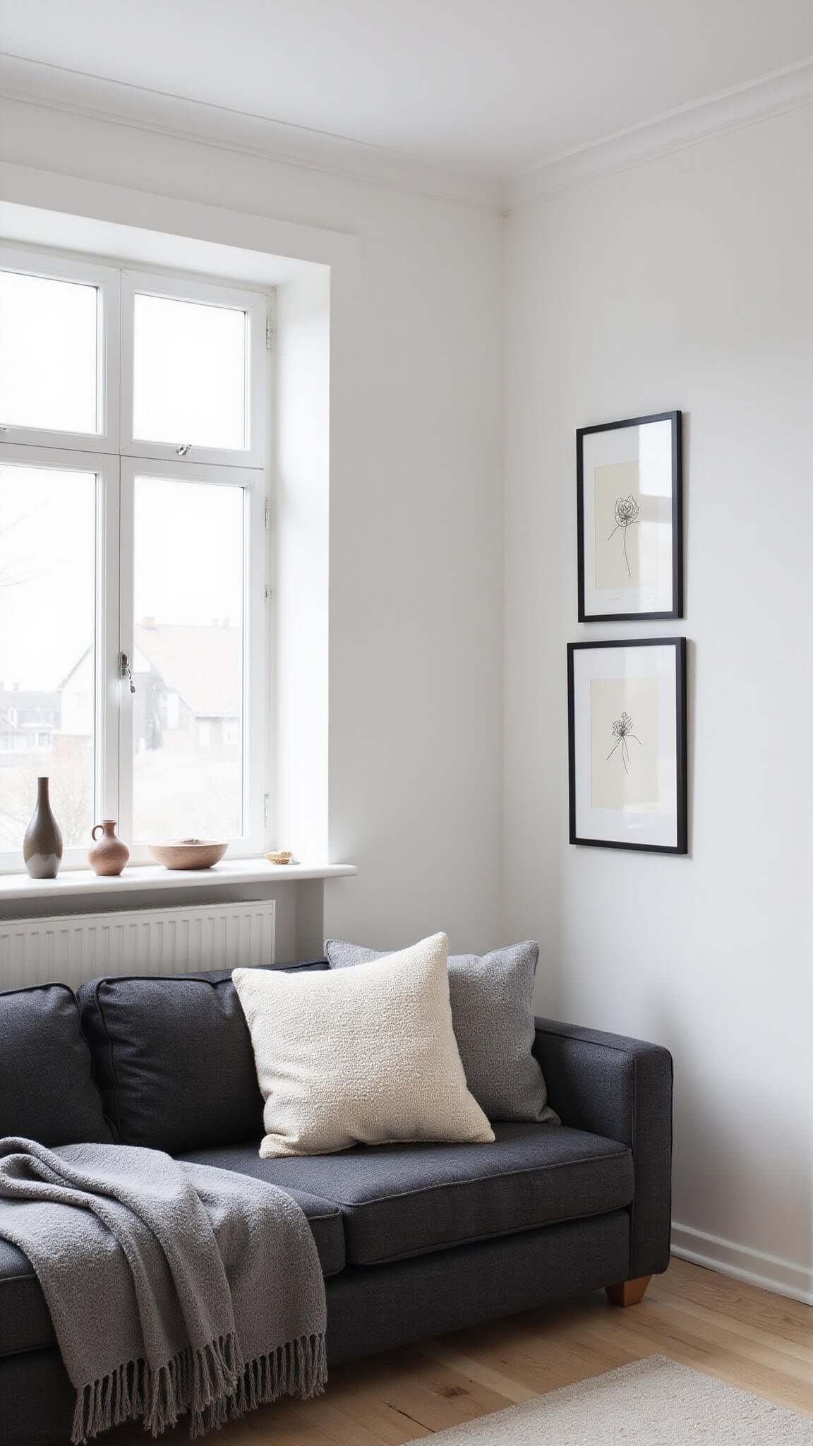 Scandinavian-style room with dark grey bouclé sofa, cream pillows, grey throw, white walls, light wood floors, earthy ceramics, and minimalist framed art in soft natural light.
