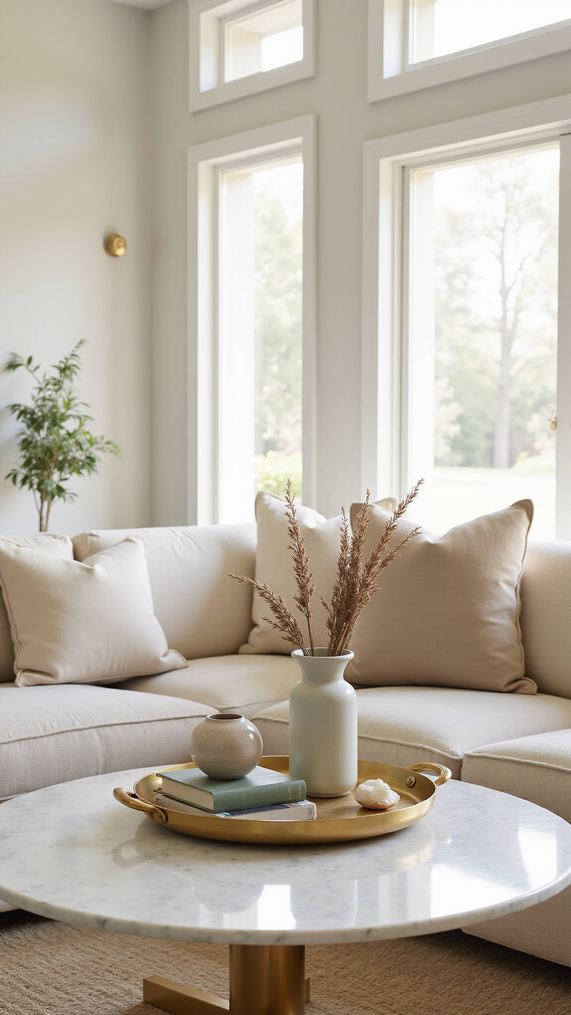 Elegant living room at golden hour with marble coffee table, cream bouclé sofa, and brass, ceramic, and alabaster decor in warm neutral tones.