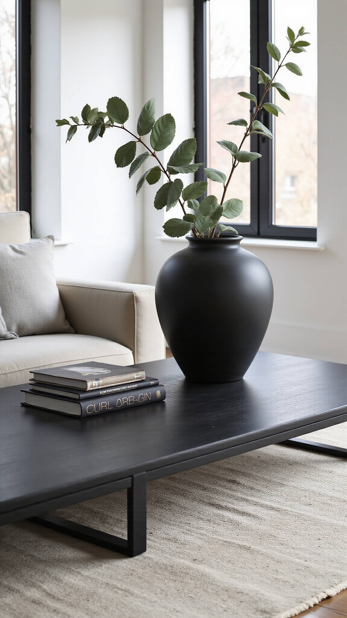 Minimalist Scandinavian living room with black oak coffee table on ivory rug, matte black vase with dried eucalyptus, and stacked charcoal books in soft natural light.