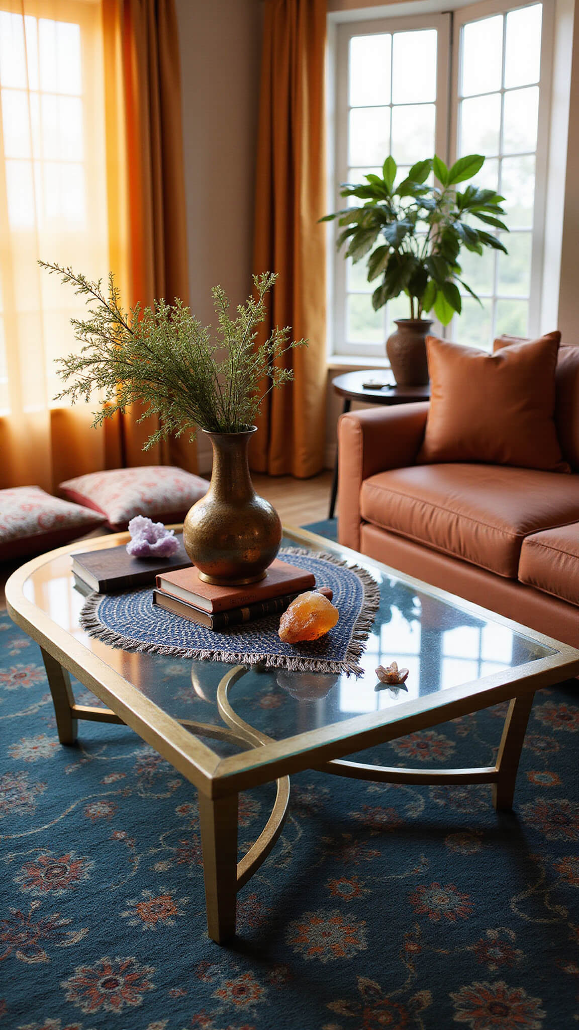 Bohemian living room at sunset with vintage brass and glass coffee table, indigo textile runner, leather-bound books, copper vessel of wildflowers, crystals, and Moroccan floor cushions in warm amber light.